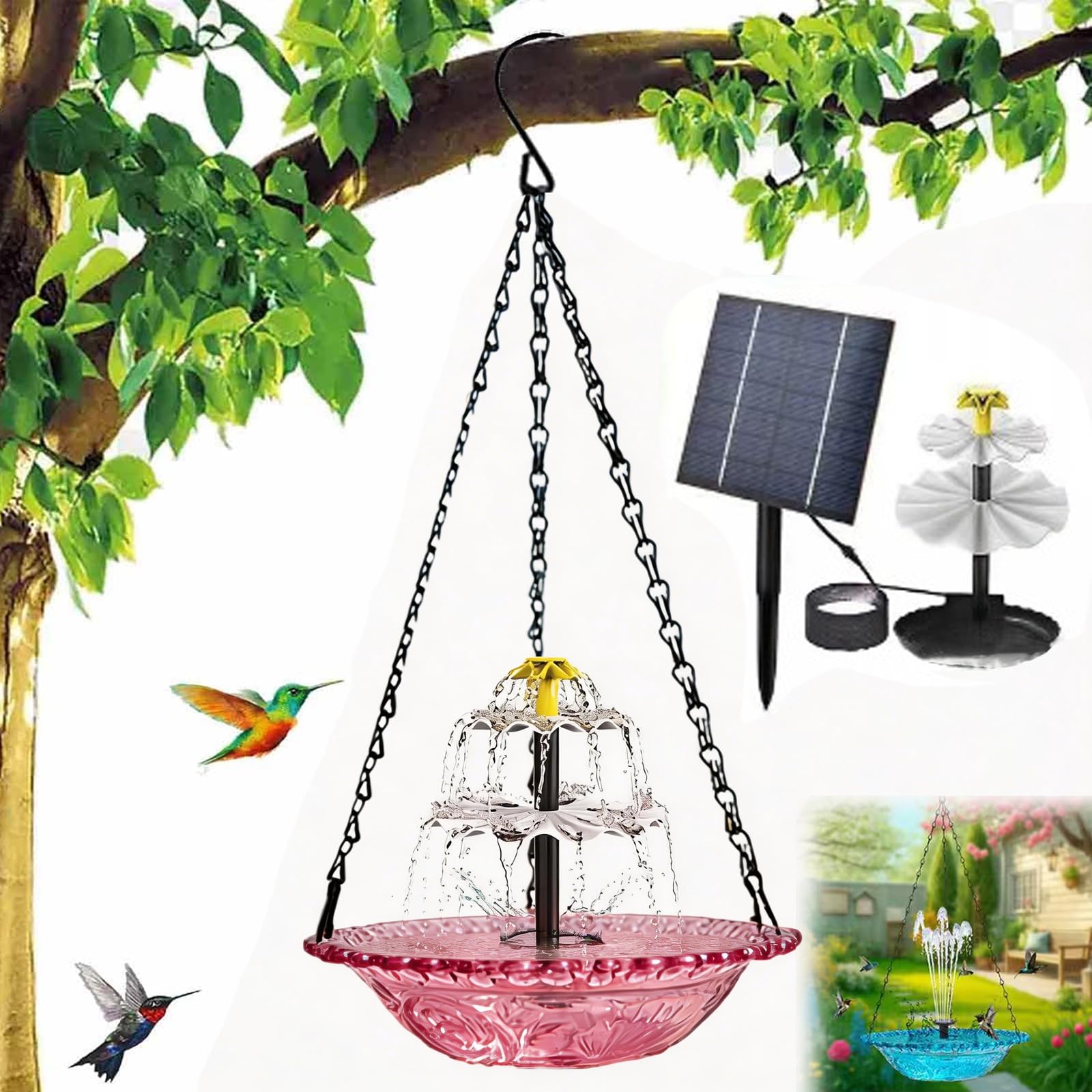 Solar Powered Hanging Bird Bath Fountain, Hanging Bird Bath Fountains Solar Power, Solar Cascade Hanging Birdbath (Blue, Set A)