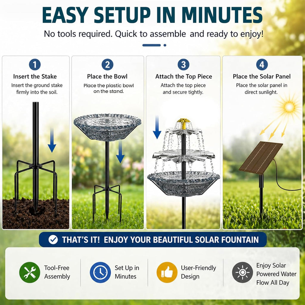 Bird Bath Fountain Solar for Outside, Outdoor Water Fountain Plastic, Attracts Birds with Cascading Spray for Yard & Patio (Gray)