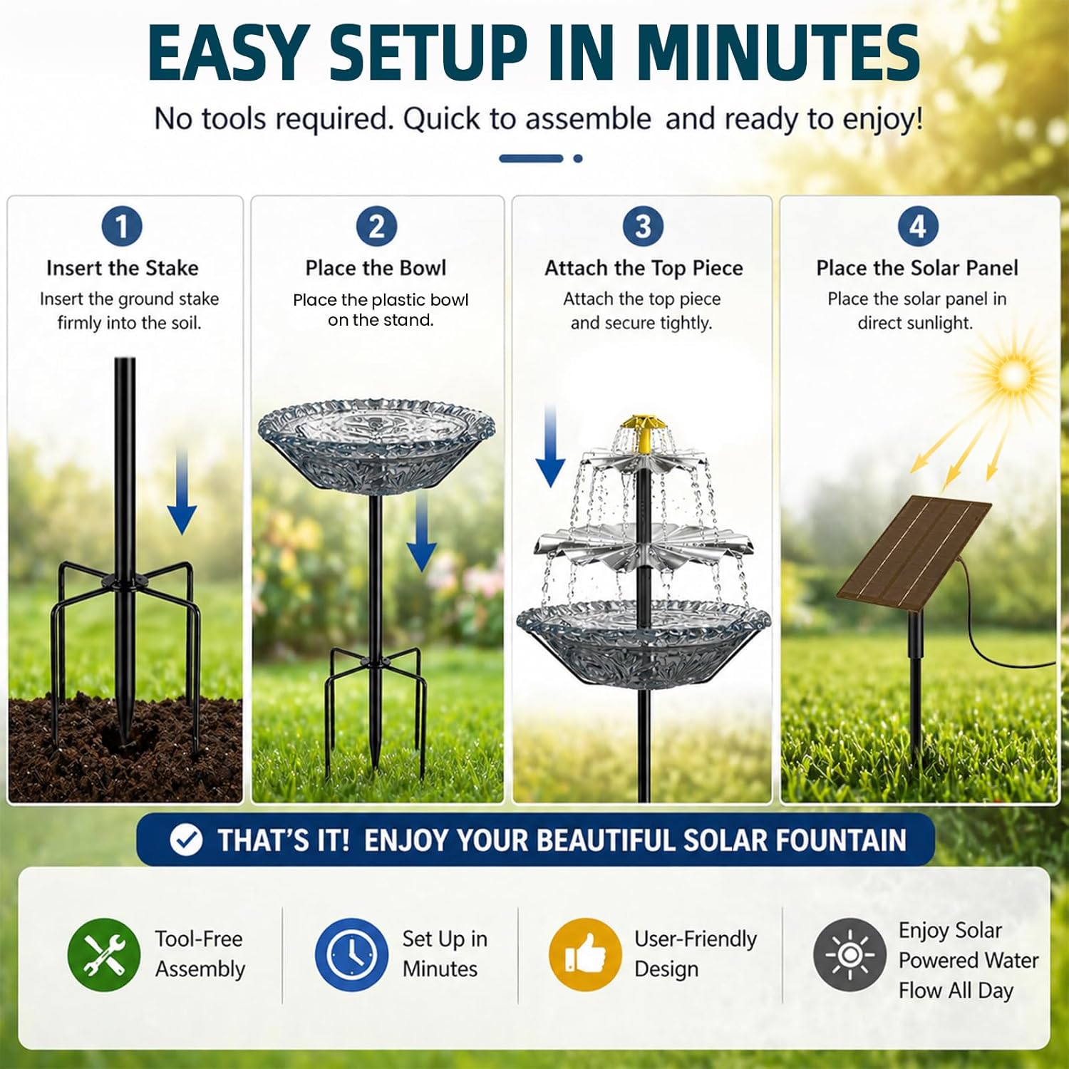 Bird Bath Fountain Solar for Outside, Outdoor Water Fountain Plastic, Attracts Birds with Cascading Spray for Yard & Patio (Gray)