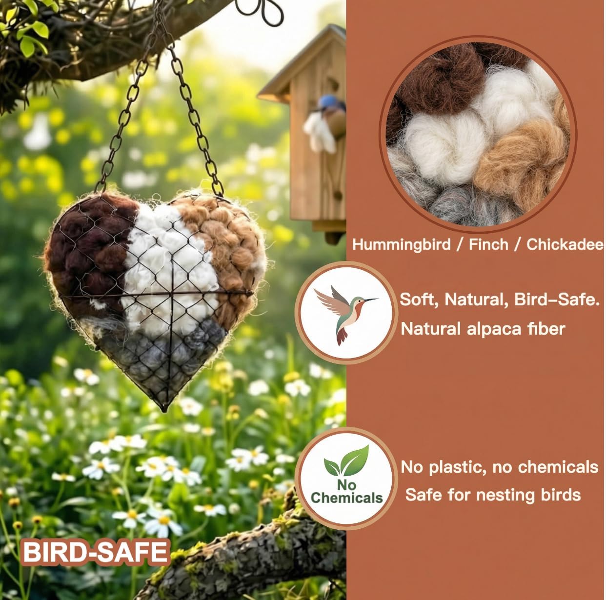 Handmade Alpaca Fiber Bird Nesting Heart, Refillable Nesting Material Accessory for Wild Birds, Outdoor Garden Decoration, Gift for Bird & Nature Lovers, Hummingbird Nesting Material (1 set)