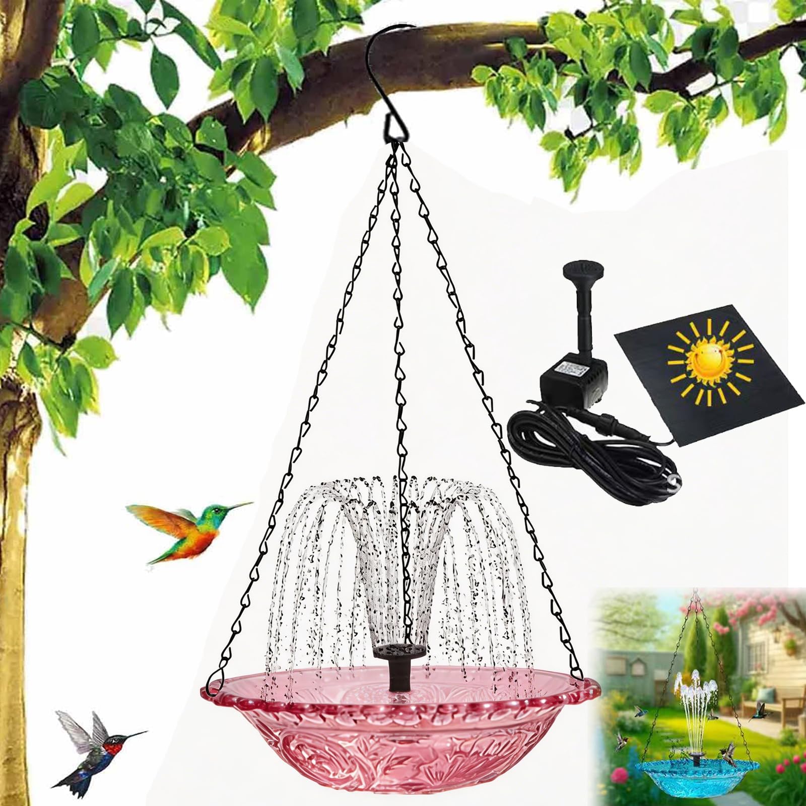 Solar Powered Hanging Bird Bath Fountain, Hanging Bird Bath Fountains Solar Power, Solar Cascade Hanging Birdbath (Blue, Set A)