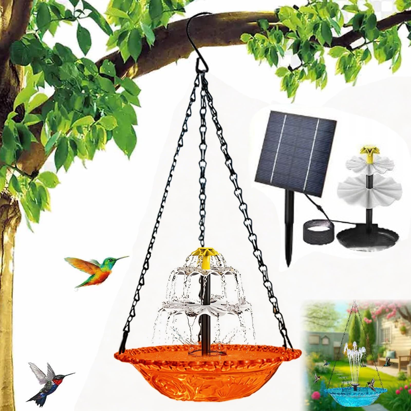Solar Powered Hanging Bird Bath Fountain, Hanging Bird Bath Fountains Solar Power, Solar Cascade Hanging Birdbath (Blue, Set A)
