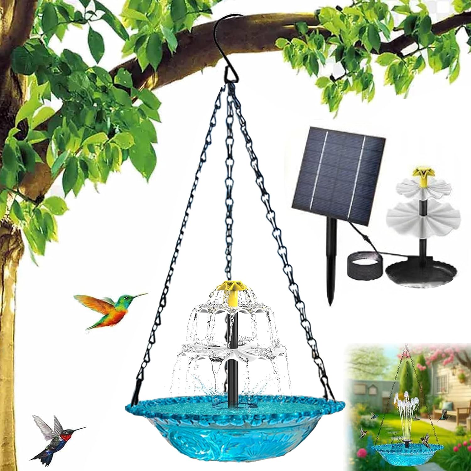 Solar Powered Hanging Bird Bath Fountain, Hanging Bird Bath Fountains Solar Power, Solar Cascade Hanging Birdbath (Blue, Set A)