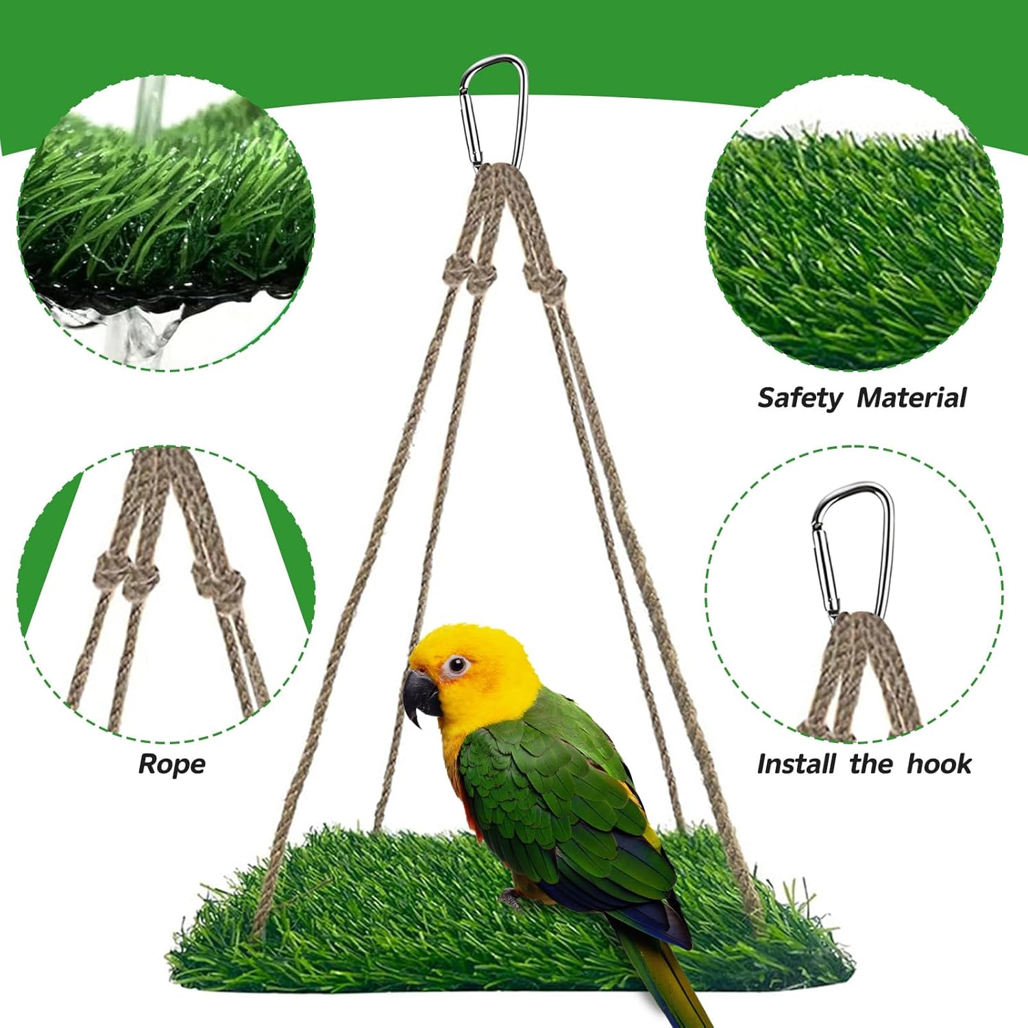 Square Artificial Grass Bird Foraging Mat, 10" x 10" Hanging Perch Platform, Bird Cage Accessories for Parakeets, Cockatiels, Budgies, Bearded Dragons & Small Pets