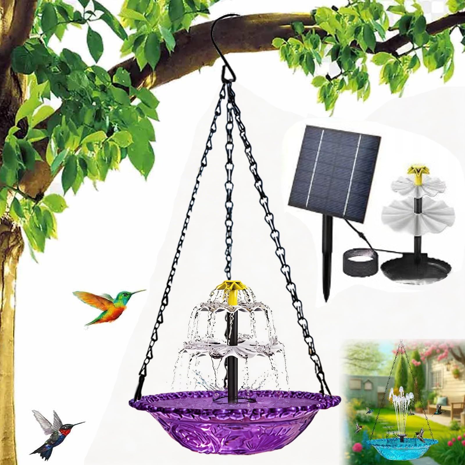 Solar Powered Hanging Bird Bath Fountain, Hanging Bird Bath Fountains Solar Power, Solar Cascade Hanging Birdbath (Blue, Set A)