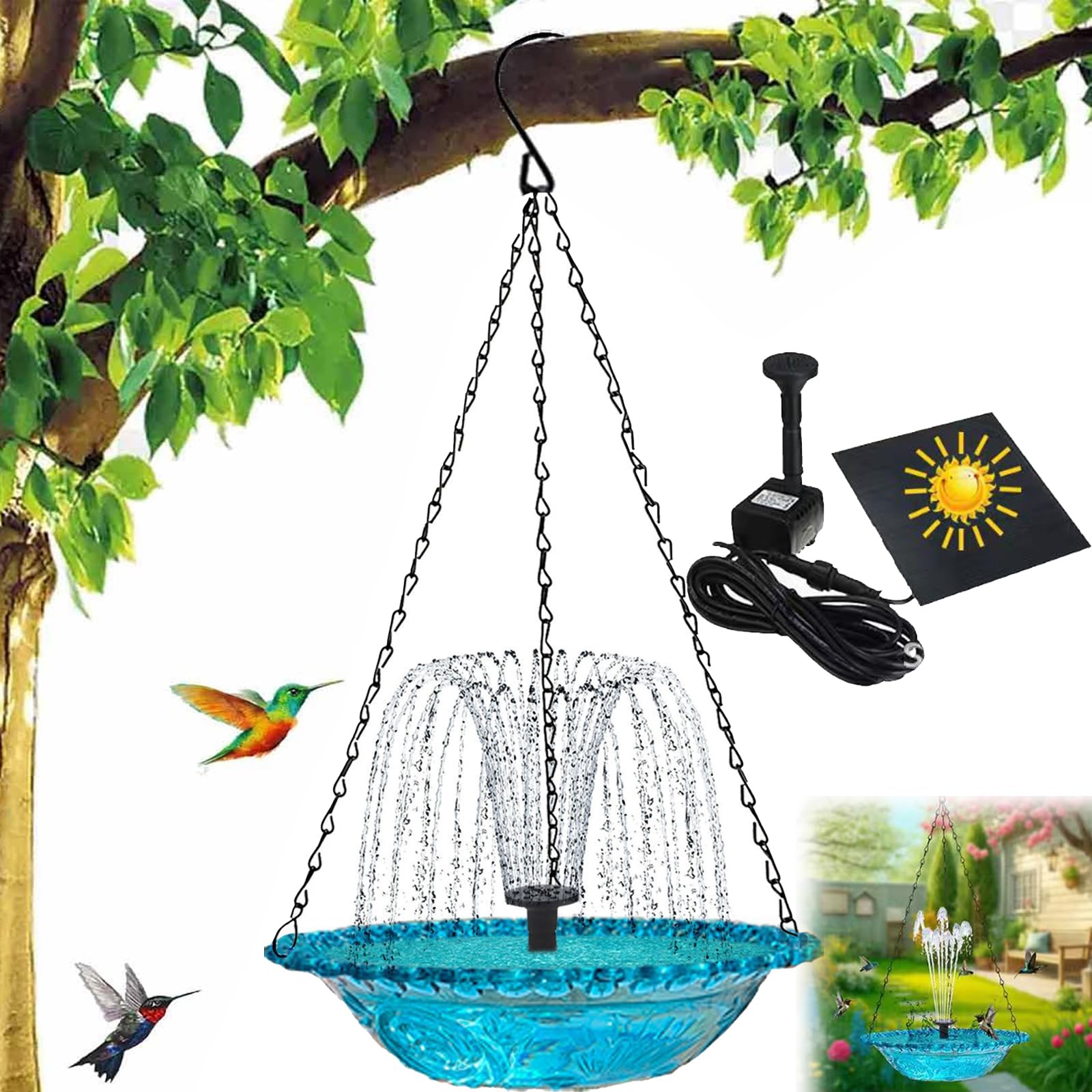 Solar Powered Hanging Bird Bath Fountain, Hanging Bird Bath Fountains Solar Power, Solar Cascade Hanging Birdbath (Blue, Set A)