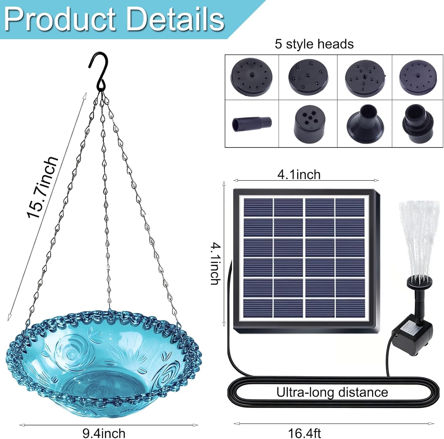 Solar Bird Bath Hanging with Fountain for Outdoors, Solar Powered Hanging Outdoor Water Fountain, Bird Bath with Solar Fountain for Garden, Patio, Yard, Deck
