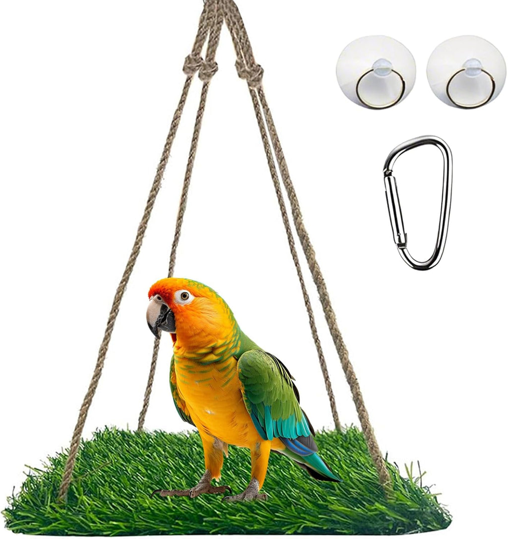 Square Artificial Grass Bird Foraging Mat, 10" x 10" Hanging Perch Platform, Bird Cage Accessories for Parakeets, Cockatiels, Budgies, Bearded Dragons & Small Pets