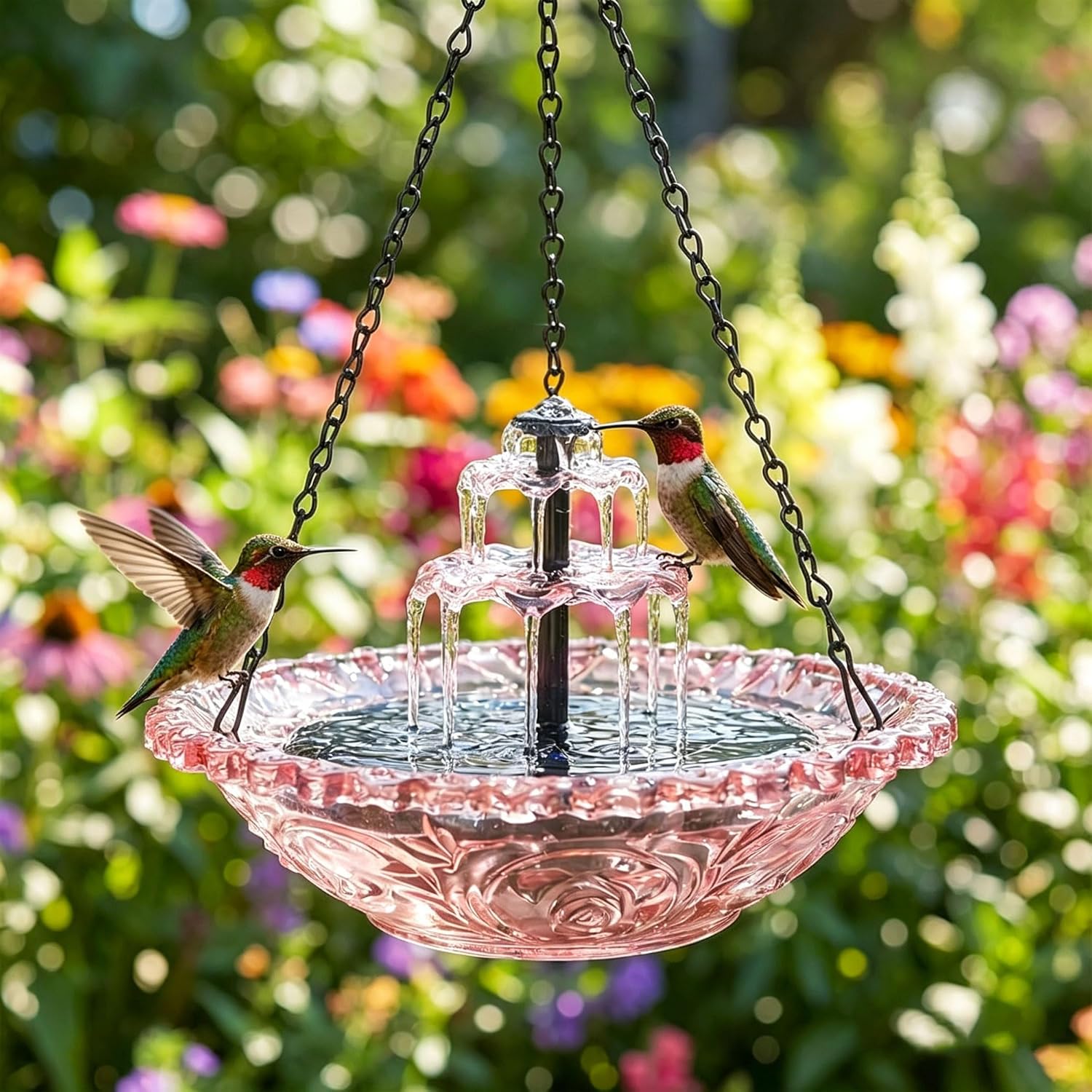 Hanging Solar Bird Bath Fountain with Cascade Bowl, Solar Powered Outdoor Water Feature for Garden Patio Yard, Easy Setup, Attracts Birds Naturally (Pink)