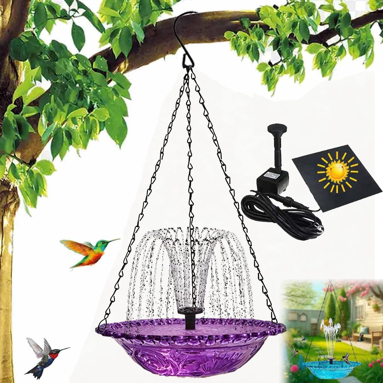 Solar Powered Hanging Bird Bath Fountain, Hanging Bird Bath Fountains Solar Power, Solar Cascade Hanging Birdbath (Blue, Set A)