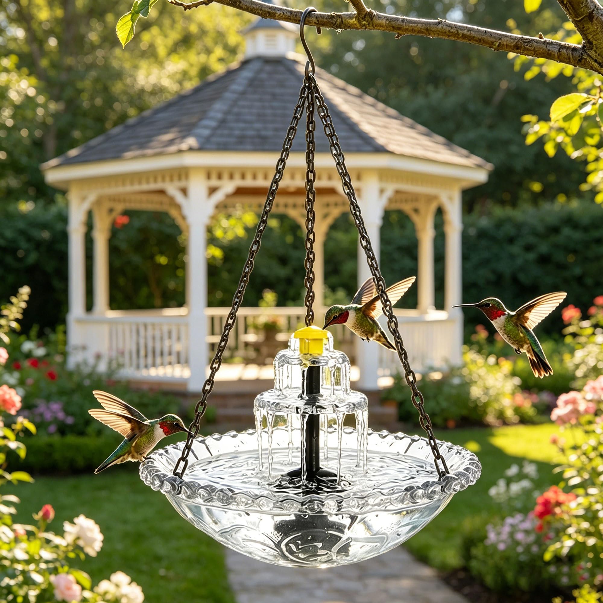 Hanging Solar Bird Bath Fountain with Cascade Bowl, Solar Powered Outdoor Water Feature for Garden Patio Yard, Easy Setup, Attracts Birds Naturally (Pink)