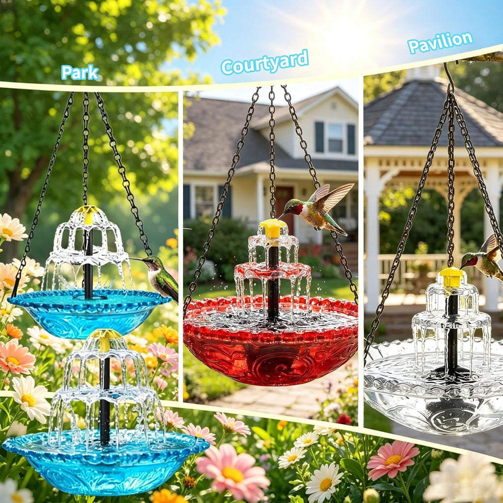 Hanging Solar Bird Bath Fountain with Cascade Bowl, Solar Powered Outdoor Water Feature for Garden Patio Yard, Easy Setup, Attracts Birds Naturally (Pink)