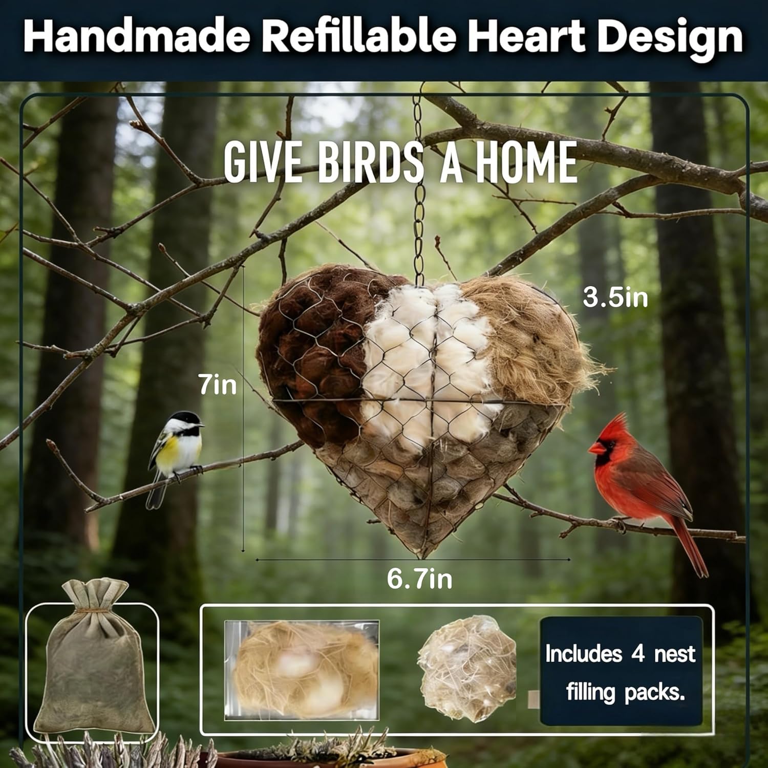 Handmade Alpaca Fiber Bird Nesting Heart, Refillable Nesting Material Accessory for Wild Birds, Outdoor Garden Decoration, Gift for Bird & Nature Lovers, Hummingbird Nesting Material (1 set)