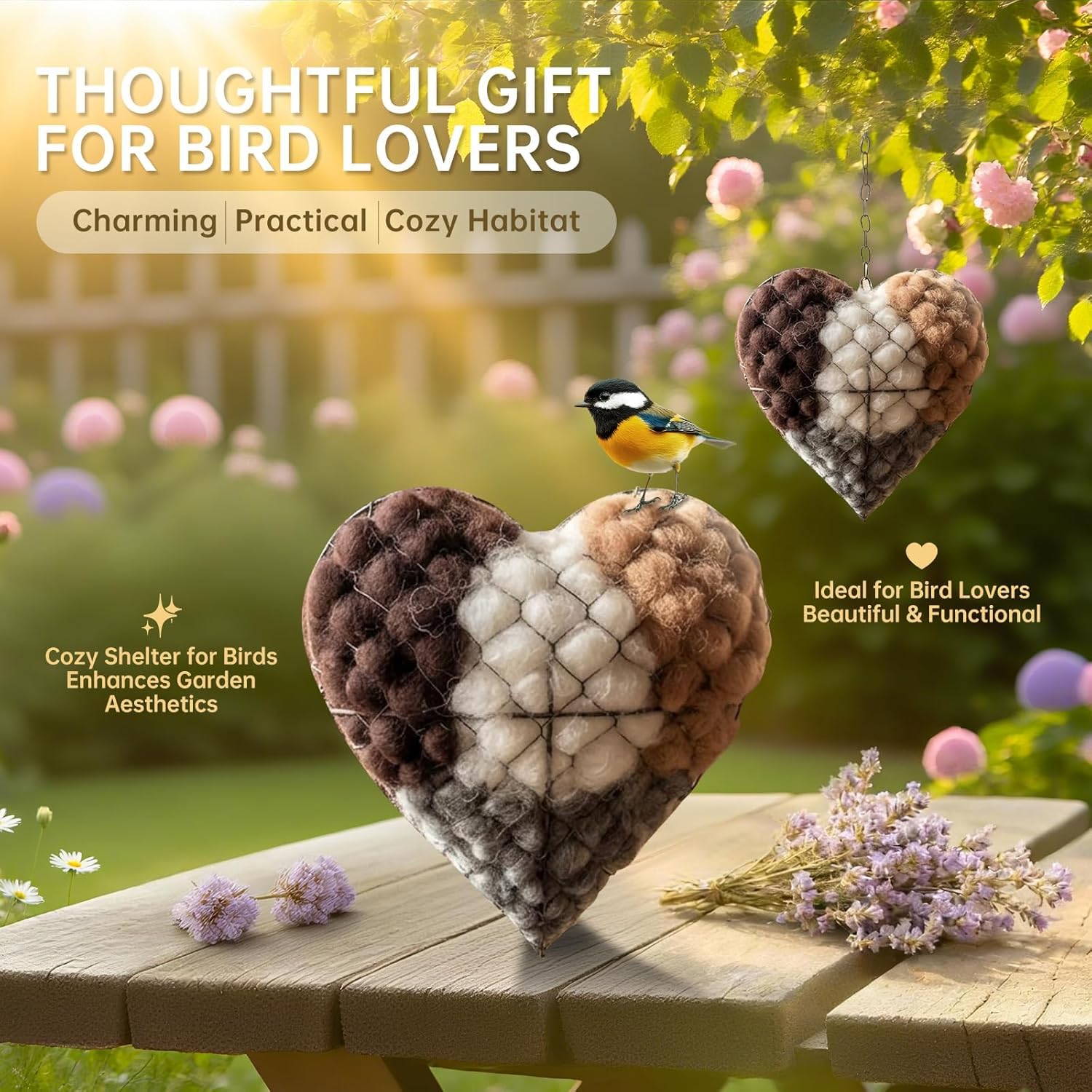 Handmade Alpaca Fiber Bird Nesting Heart, Refillable Nesting Material Accessory for Wild Birds, Outdoor Garden Decoration, Gift for Bird & Nature Lovers, Hummingbird Nesting Material (1 set)