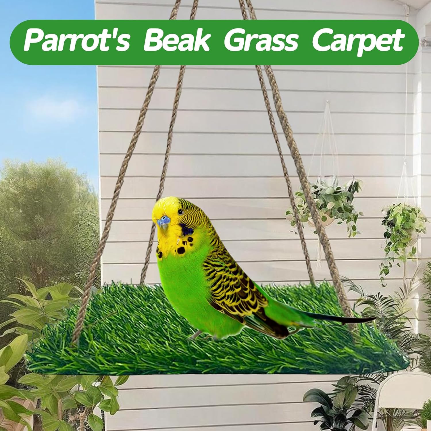 Square Artificial Grass Bird Foraging Mat, 10" x 10" Hanging Perch Platform, Bird Cage Accessories for Parakeets, Cockatiels, Budgies, Bearded Dragons & Small Pets