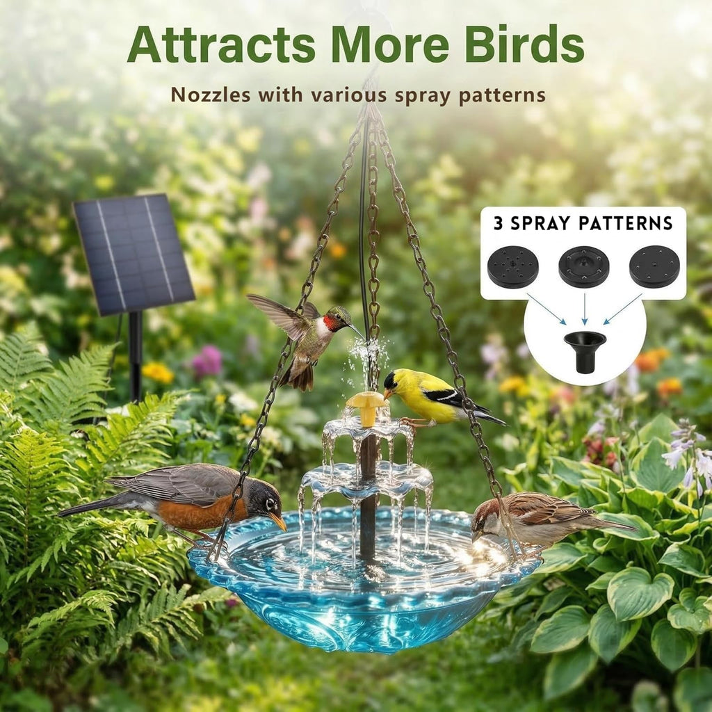 2026 Solar Cascade Hanging Bird Bath Fountain, Hanging Solar Birdbath with Plastic Bowl, 2-in-1 Birdbath & Water Station, 8 Spray Modes Hummingbird Bath for Outdoor Garden Patio