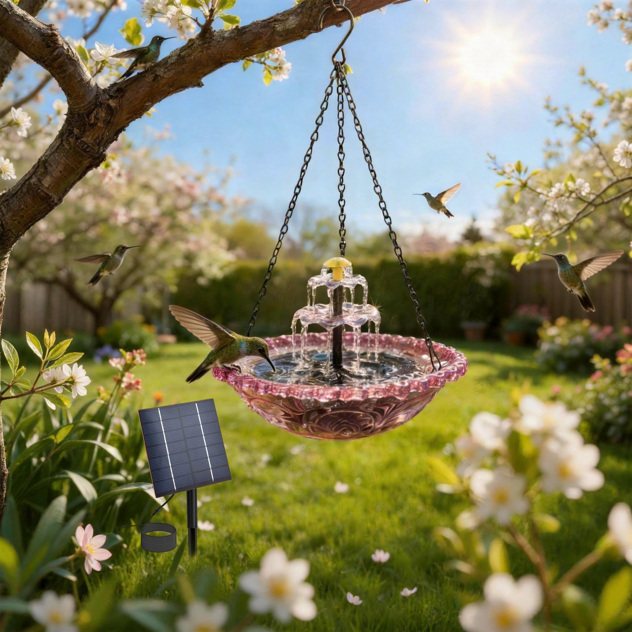 2026 Solar Cascade Hanging Bird Bath Fountain, Hanging Solar Birdbath with Plastic Bowl, 2-in-1 Birdbath & Water Station, 8 Spray Modes Hummingbird Bath for Outdoor Garden Patio