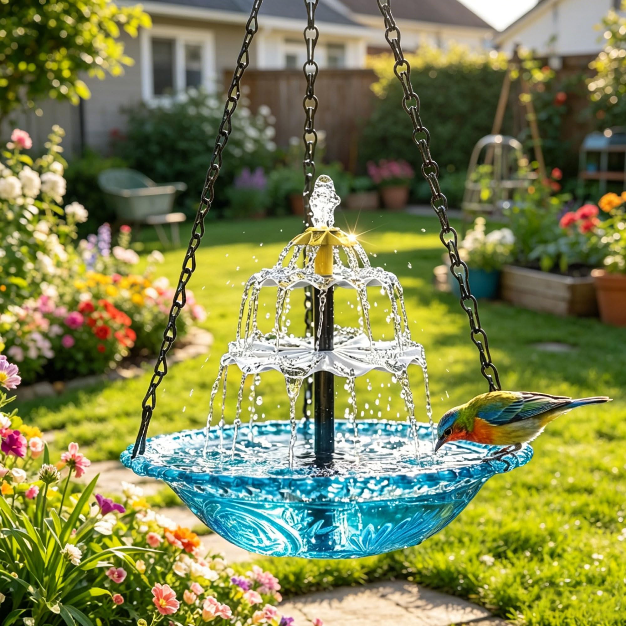 Hanging Solar Bird Bath Fountain with Cascade Bowl, Solar Powered Outdoor Water Feature for Garden Patio Yard, Easy Setup, Attracts Birds Naturally (Pink)