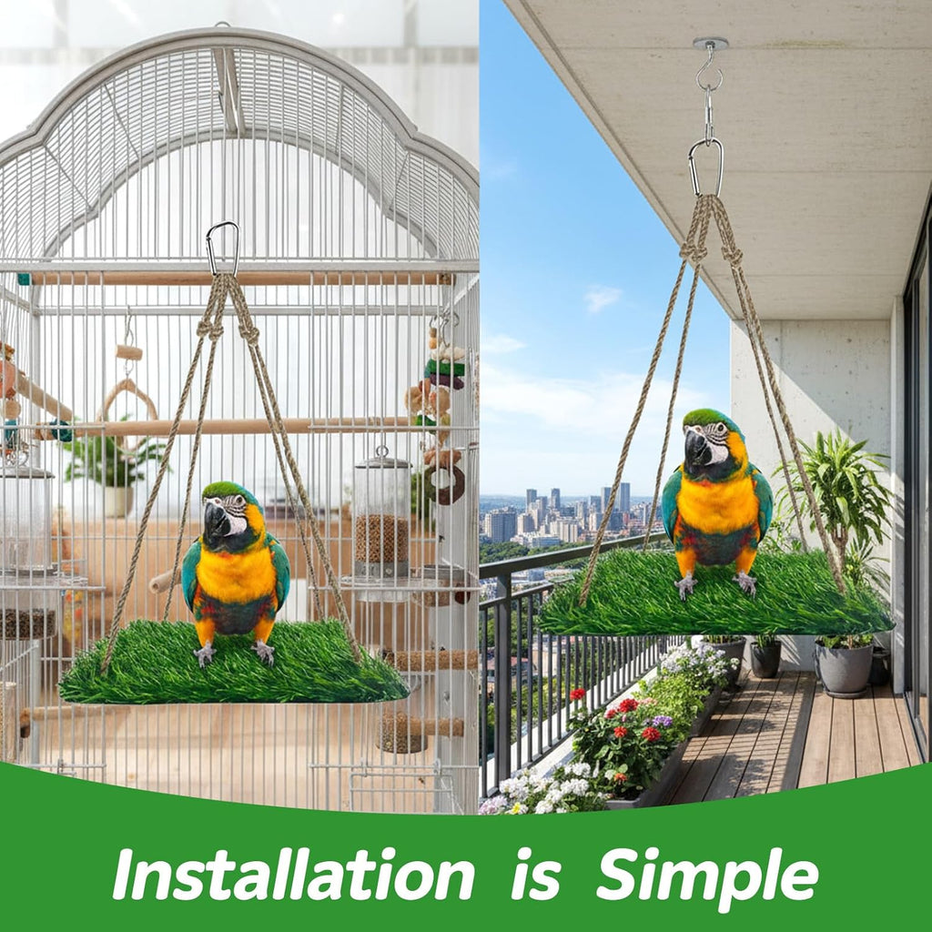 Square Artificial Grass Bird Foraging Mat, 10" x 10" Hanging Perch Platform, Bird Cage Accessories for Parakeets, Cockatiels, Budgies, Bearded Dragons & Small Pets