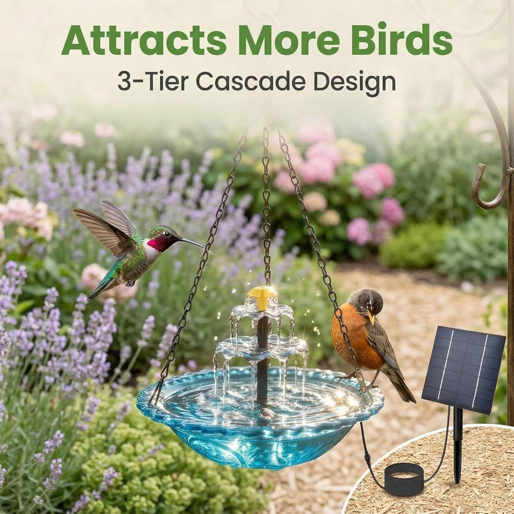 2026 Solar Cascade Hanging Bird Bath Fountain, Hanging Solar Birdbath with Plastic Bowl, 2-in-1 Birdbath & Water Station, 8 Spray Modes Hummingbird Bath for Outdoor Garden Patio