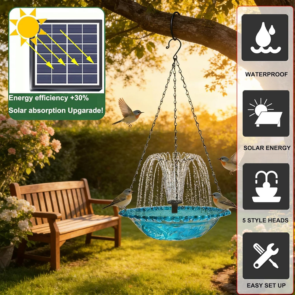 Solar Bird Bath Hanging with Fountain for Outdoors, Solar Powered Hanging Outdoor Water Fountain, Bird Bath with Solar Fountain for Garden, Patio, Yard, Deck