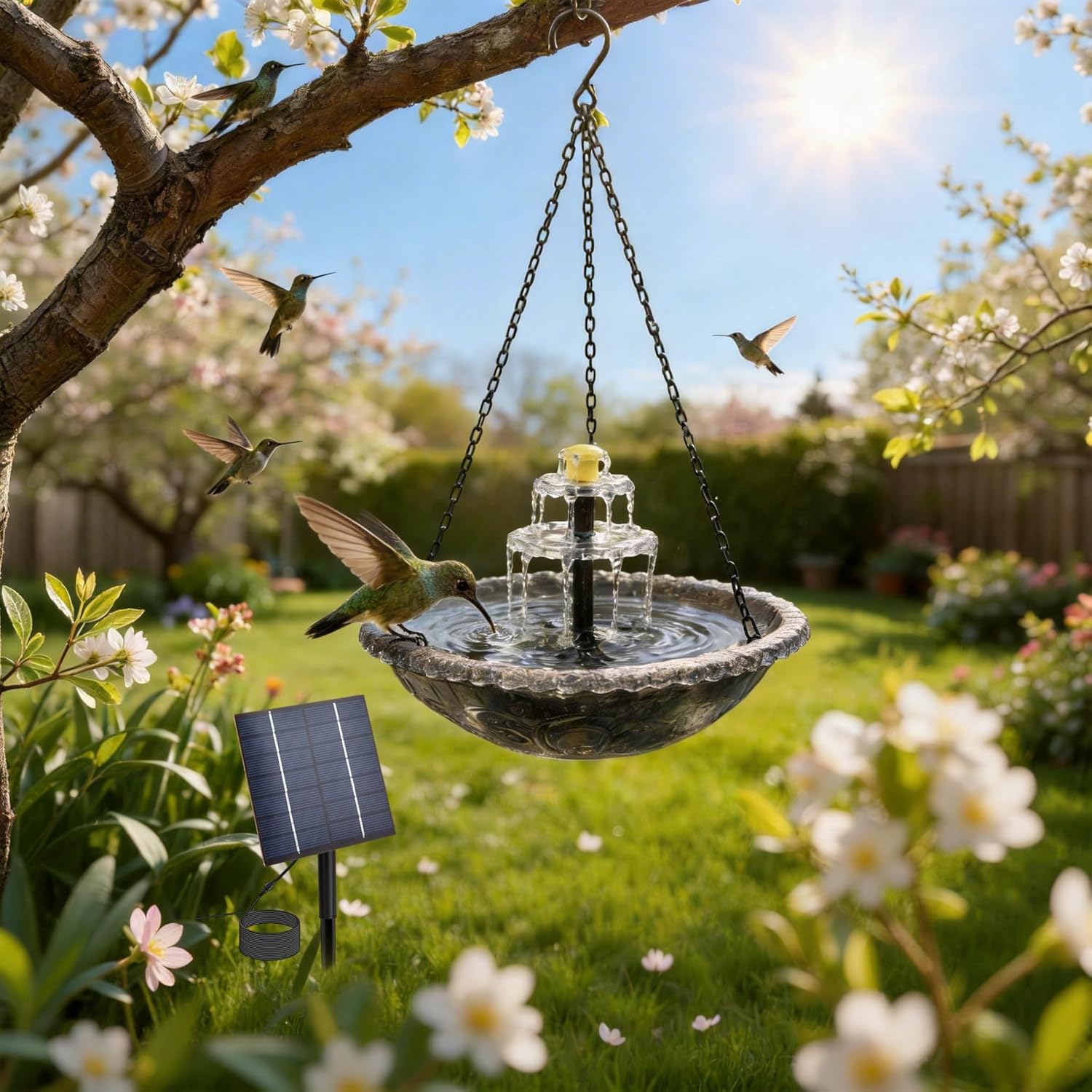 2026 Solar Cascade Hanging Bird Bath Fountain, Hanging Solar Birdbath with Plastic Bowl, 2-in-1 Birdbath & Water Station, 8 Spray Modes Hummingbird Bath for Outdoor Garden Patio