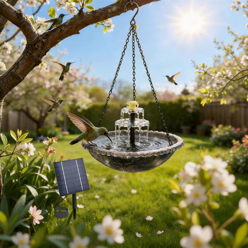 2026 Solar Cascade Hanging Bird Bath Fountain, Hanging Solar Birdbath with Plastic Bowl, 2-in-1 Birdbath & Water Station, 8 Spray Modes Hummingbird Bath for Outdoor Garden Patio