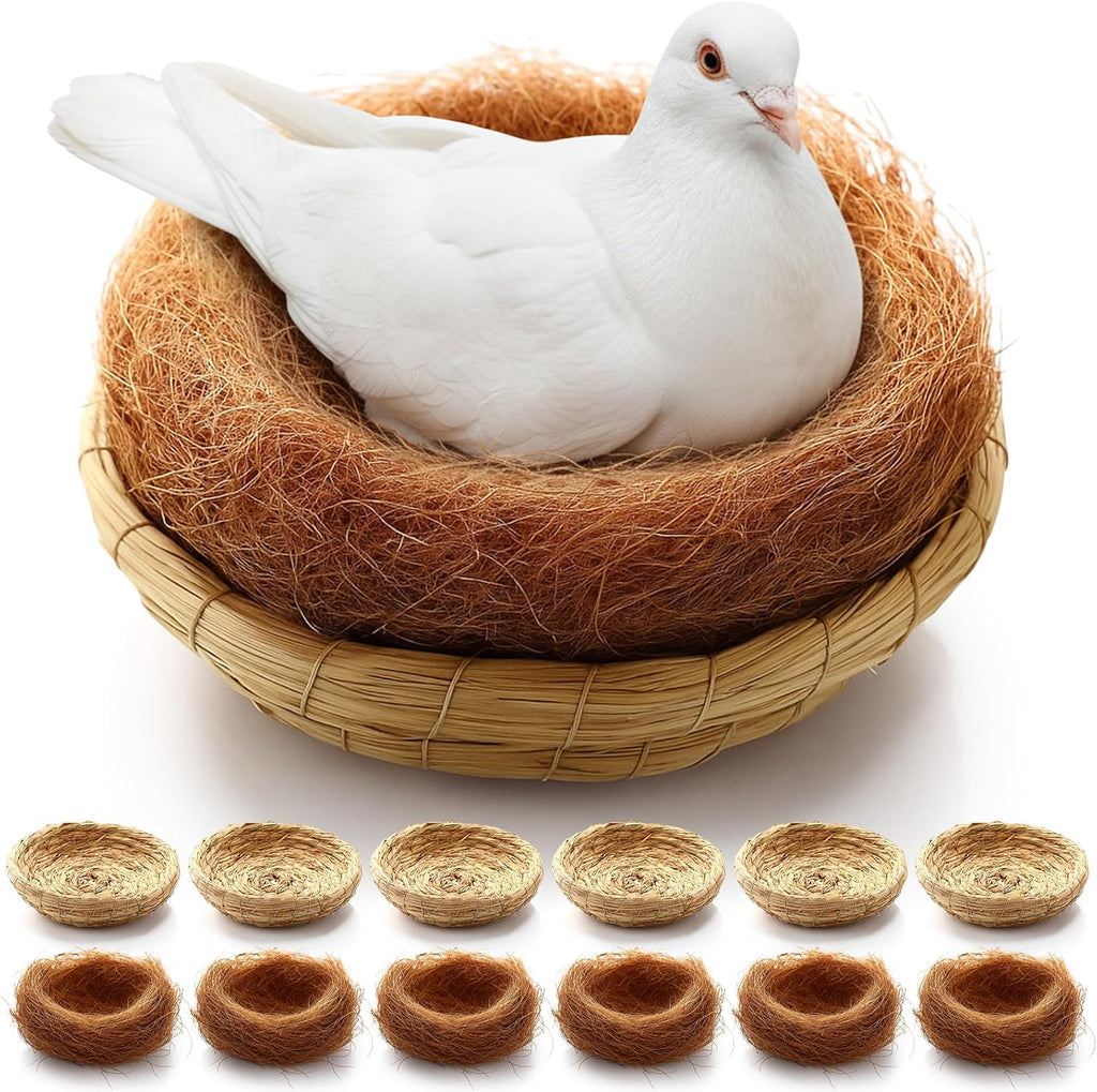 AceOrbit 12 Pcs/6 Set Bird Nest with Coconut Fiber Mats Set Hand-Woven Flat Base Pigeon Birdhouse Breeding Nest Small Animal Cage Accessories for Parrots Budgies Cockatiels Hamsters Gerbils and Pigs