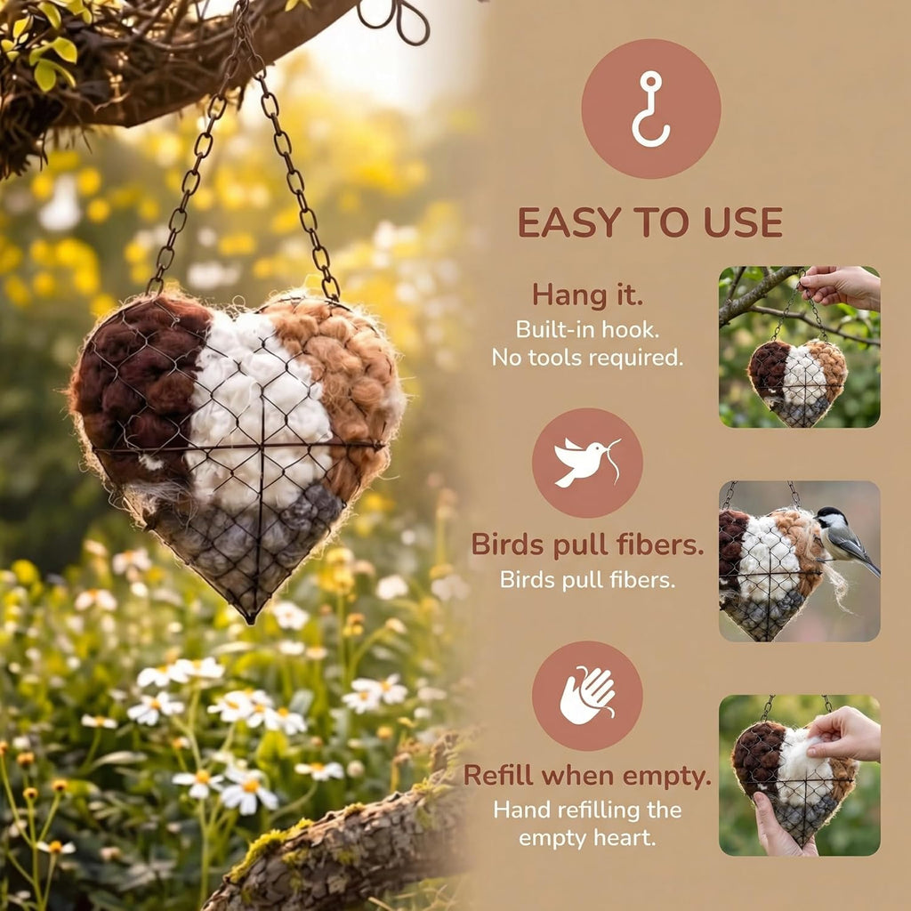 Handmade Alpaca Fiber Bird Nesting Heart, Refillable Nesting Material Accessory for Wild Birds, Outdoor Garden Decoration, Gift for Bird & Nature Lovers, Hummingbird Nesting Material (1 set)