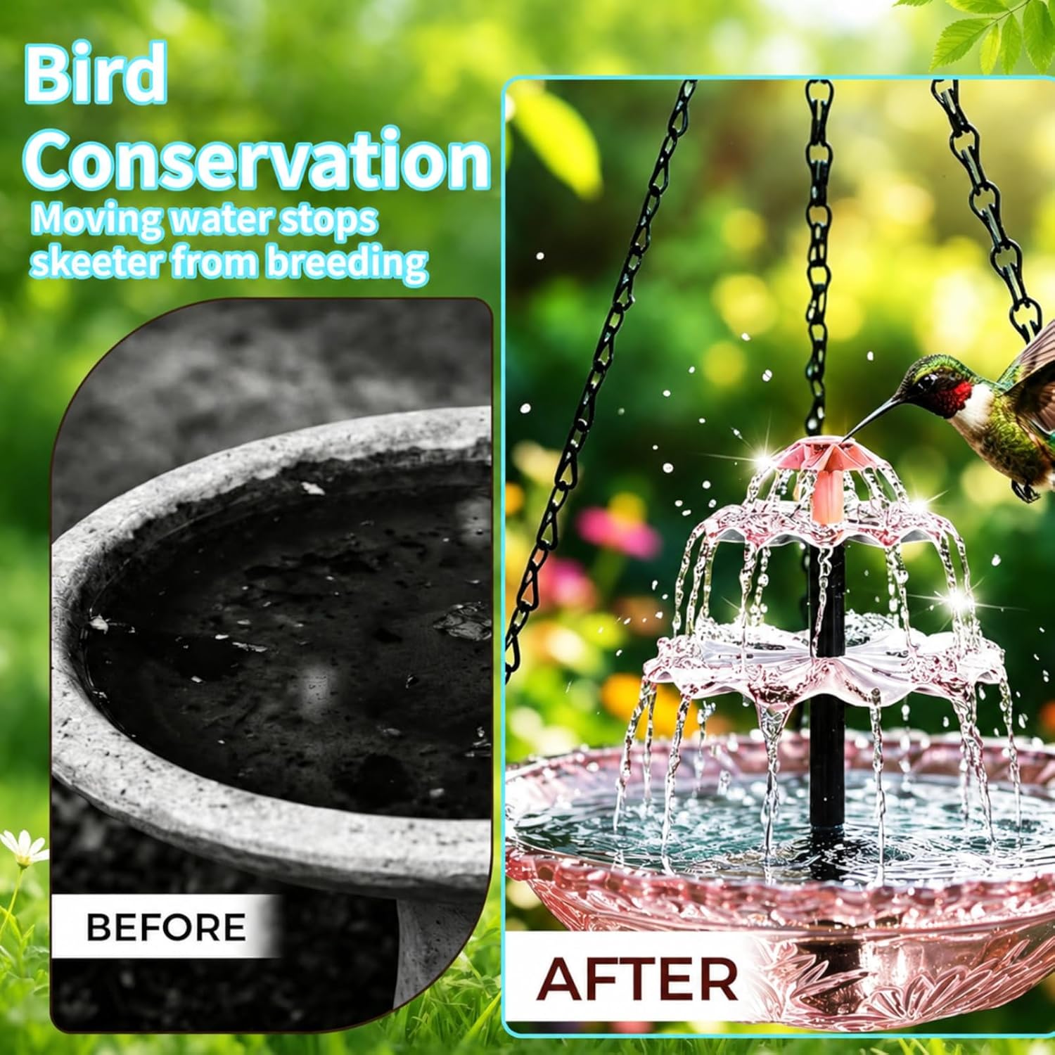 Hanging Solar Bird Bath Fountain with Cascade Bowl, Solar Powered Outdoor Water Feature for Garden Patio Yard, Easy Setup, Attracts Birds Naturally (Pink)