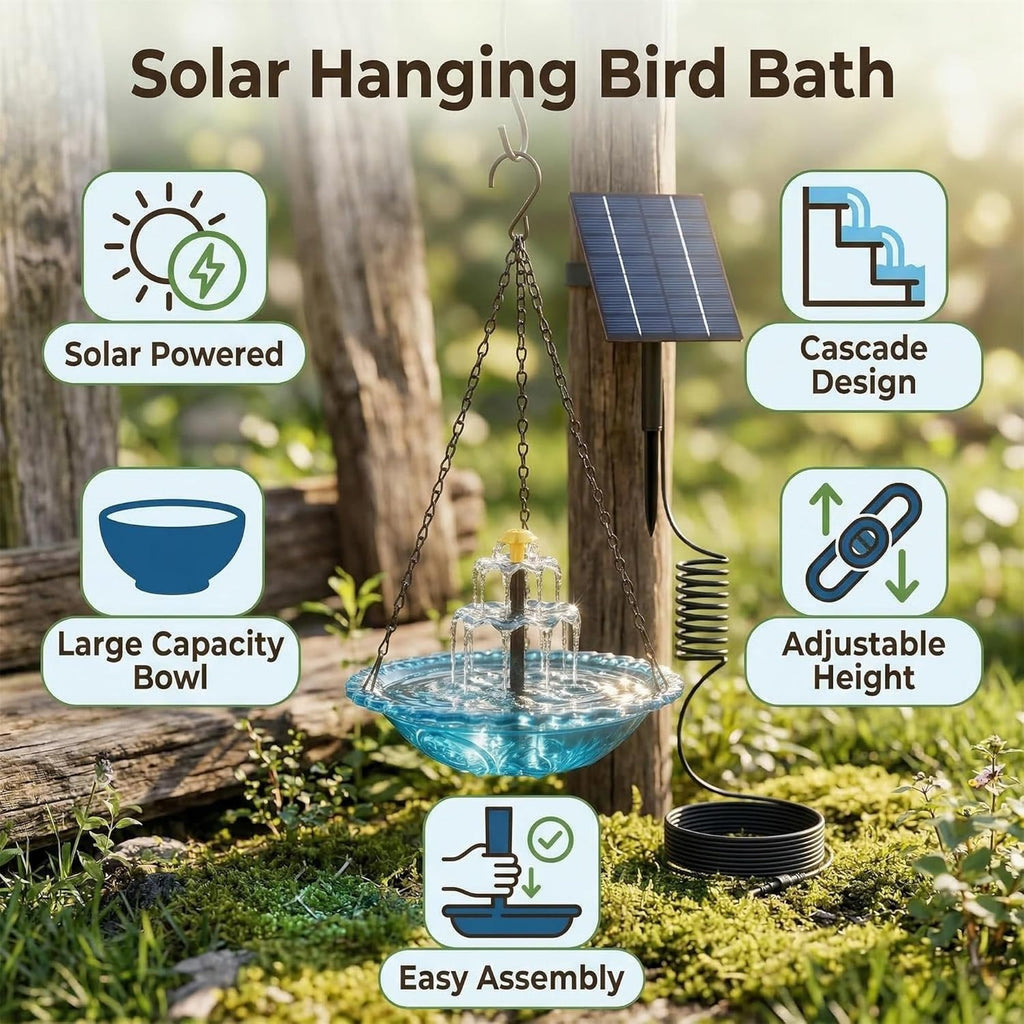 2026 Solar Cascade Hanging Bird Bath Fountain, Hanging Solar Birdbath with Plastic Bowl, 2-in-1 Birdbath & Water Station, 8 Spray Modes Hummingbird Bath for Outdoor Garden Patio