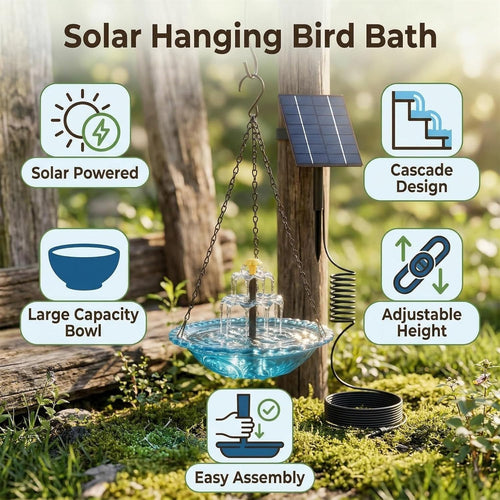 2026 Solar Cascade Hanging Bird Bath Fountain, Hanging Solar Birdbath with Plastic Bowl, 2-in-1 Birdbath & Water Station, 8 Spray Modes Hummingbird Bath for Outdoor Garden Patio