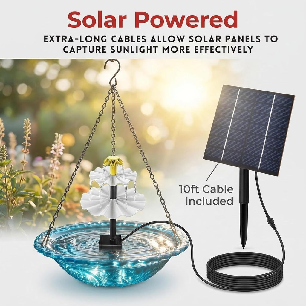2026 Solar Cascade Hanging Bird Bath Fountain, Hanging Solar Birdbath with Plastic Bowl, 2-in-1 Birdbath & Water Station, 8 Spray Modes Hummingbird Bath for Outdoor Garden Patio