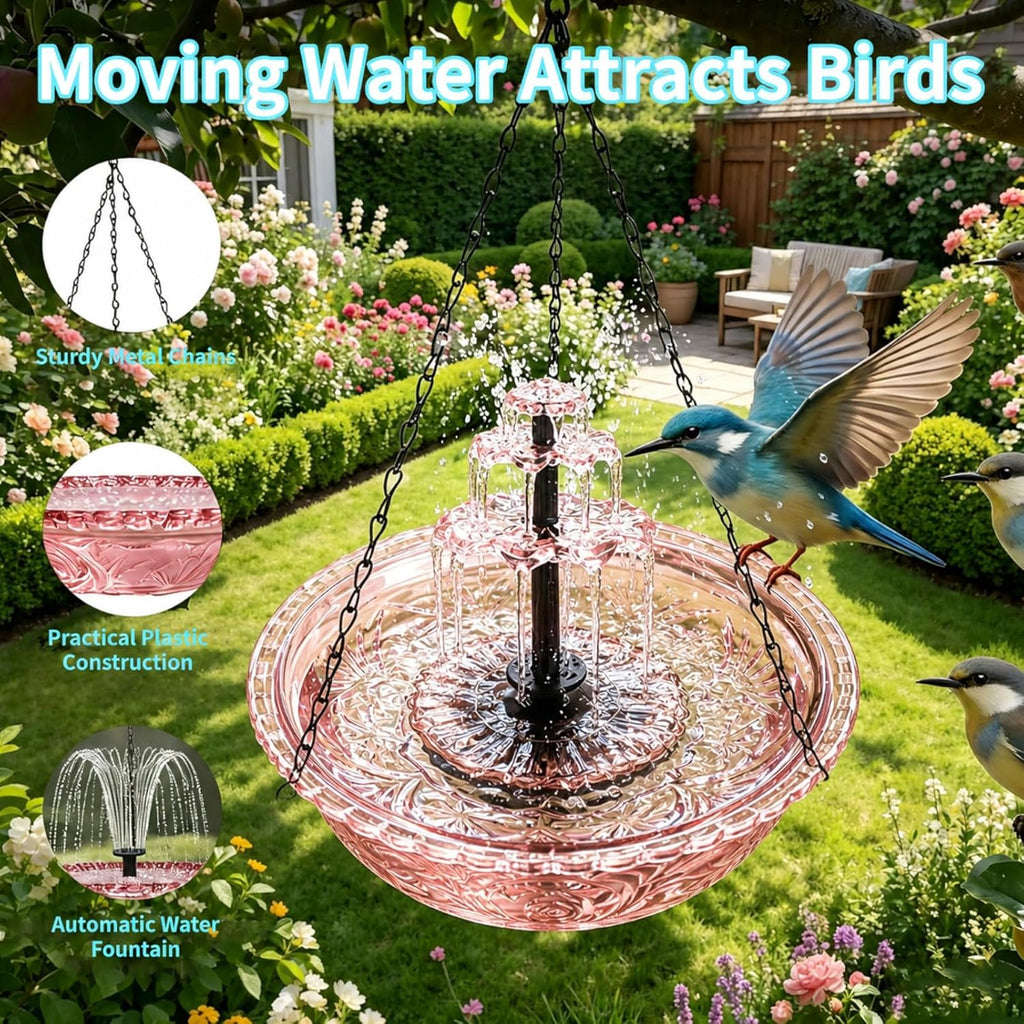 Hanging Solar Bird Bath Fountain with Cascade Bowl, Solar Powered Outdoor Water Feature for Garden Patio Yard, Easy Setup, Attracts Birds Naturally (Pink)
