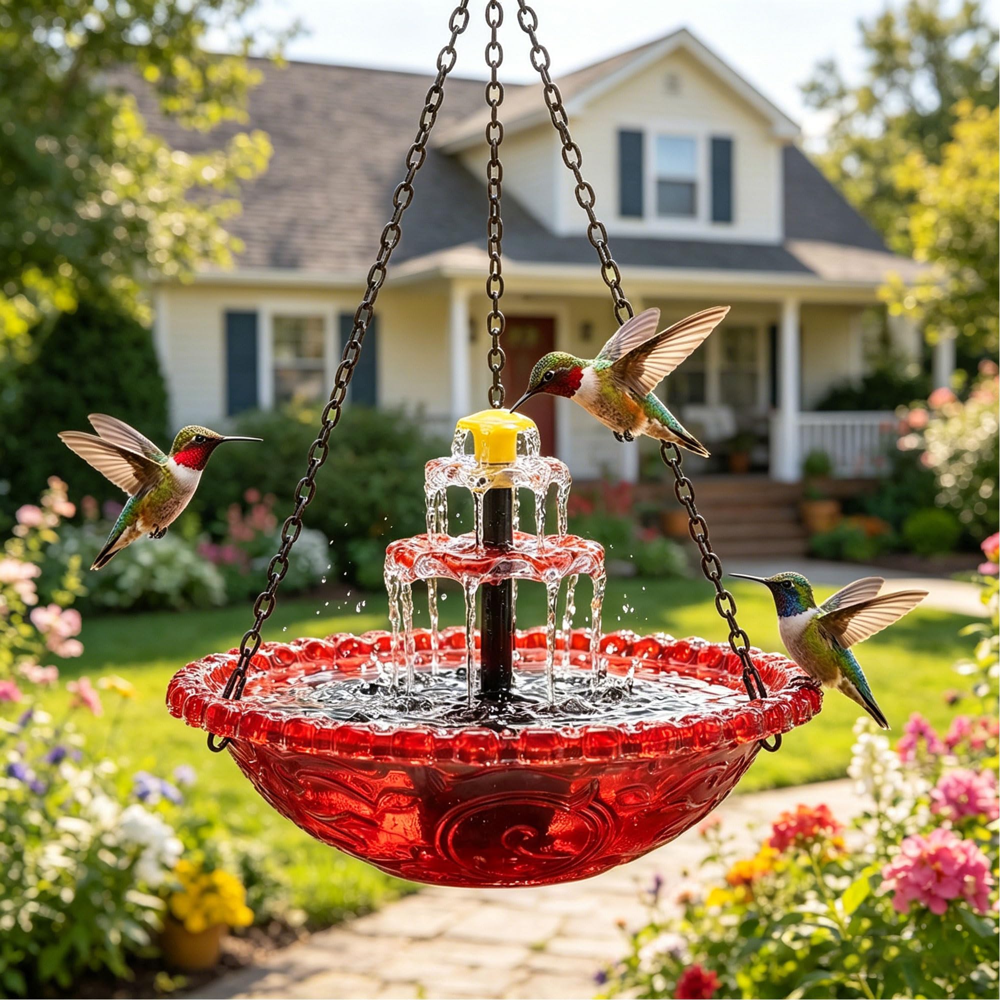 Hanging Solar Bird Bath Fountain with Cascade Bowl, Solar Powered Outdoor Water Feature for Garden Patio Yard, Easy Setup, Attracts Birds Naturally (Pink)