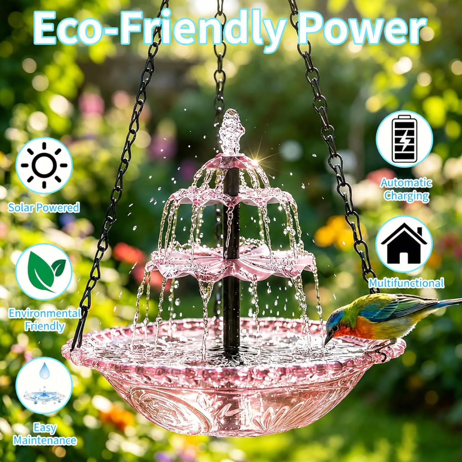 Hanging Solar Bird Bath Fountain with Cascade Bowl, Solar Powered Outdoor Water Feature for Garden Patio Yard, Easy Setup, Attracts Birds Naturally (Pink)