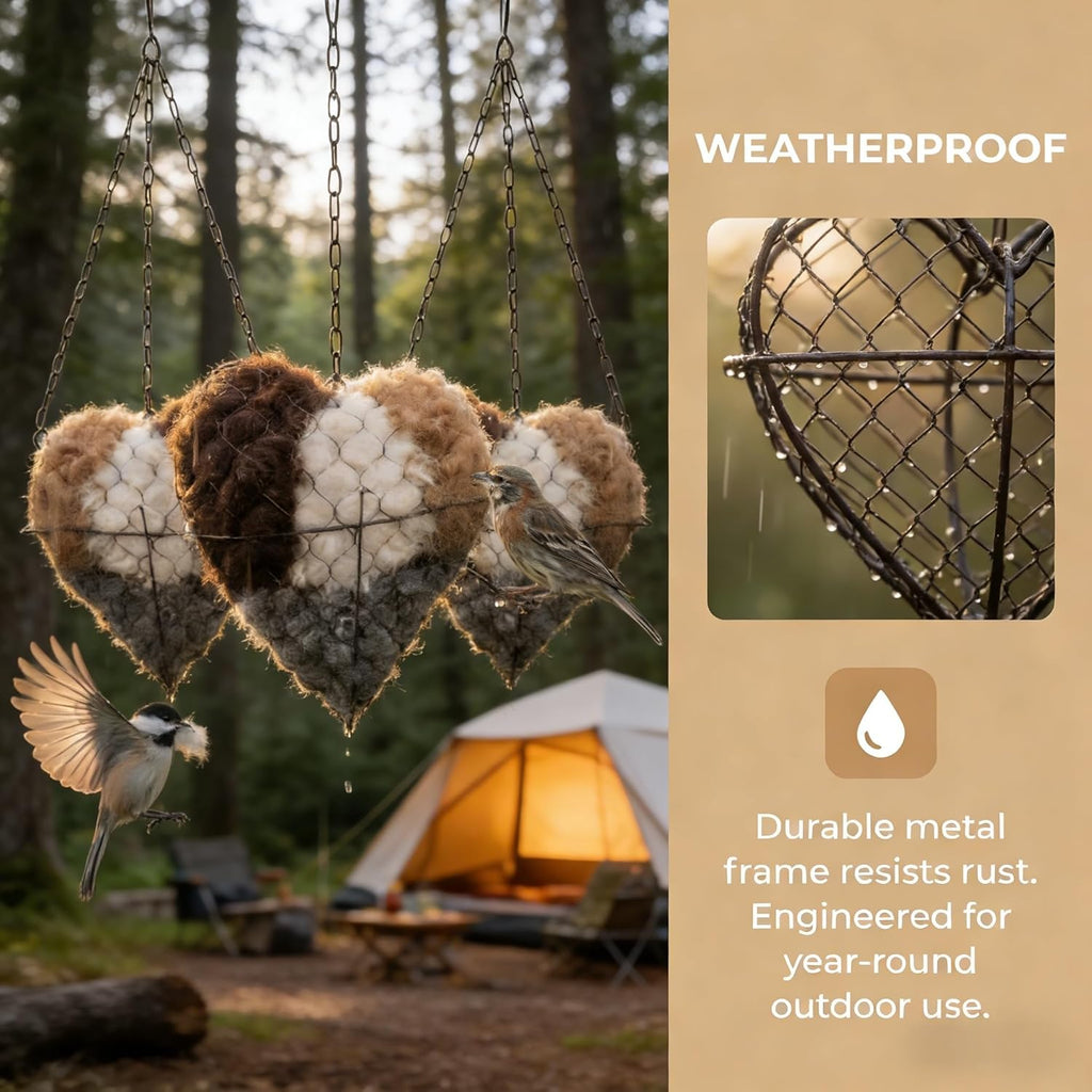 Handmade Alpaca Fiber Bird Nesting Heart, Refillable Nesting Material Accessory for Wild Birds, Outdoor Garden Decoration, Gift for Bird & Nature Lovers, Hummingbird Nesting Material (1 set)