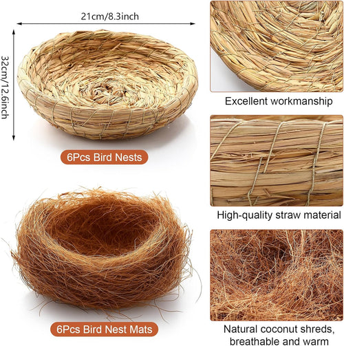 AceOrbit 12 Pcs/6 Set Bird Nest with Coconut Fiber Mats Set Hand-Woven Flat Base Pigeon Birdhouse Breeding Nest Small Animal Cage Accessories for Parrots Budgies Cockatiels Hamsters Gerbils and Pigs