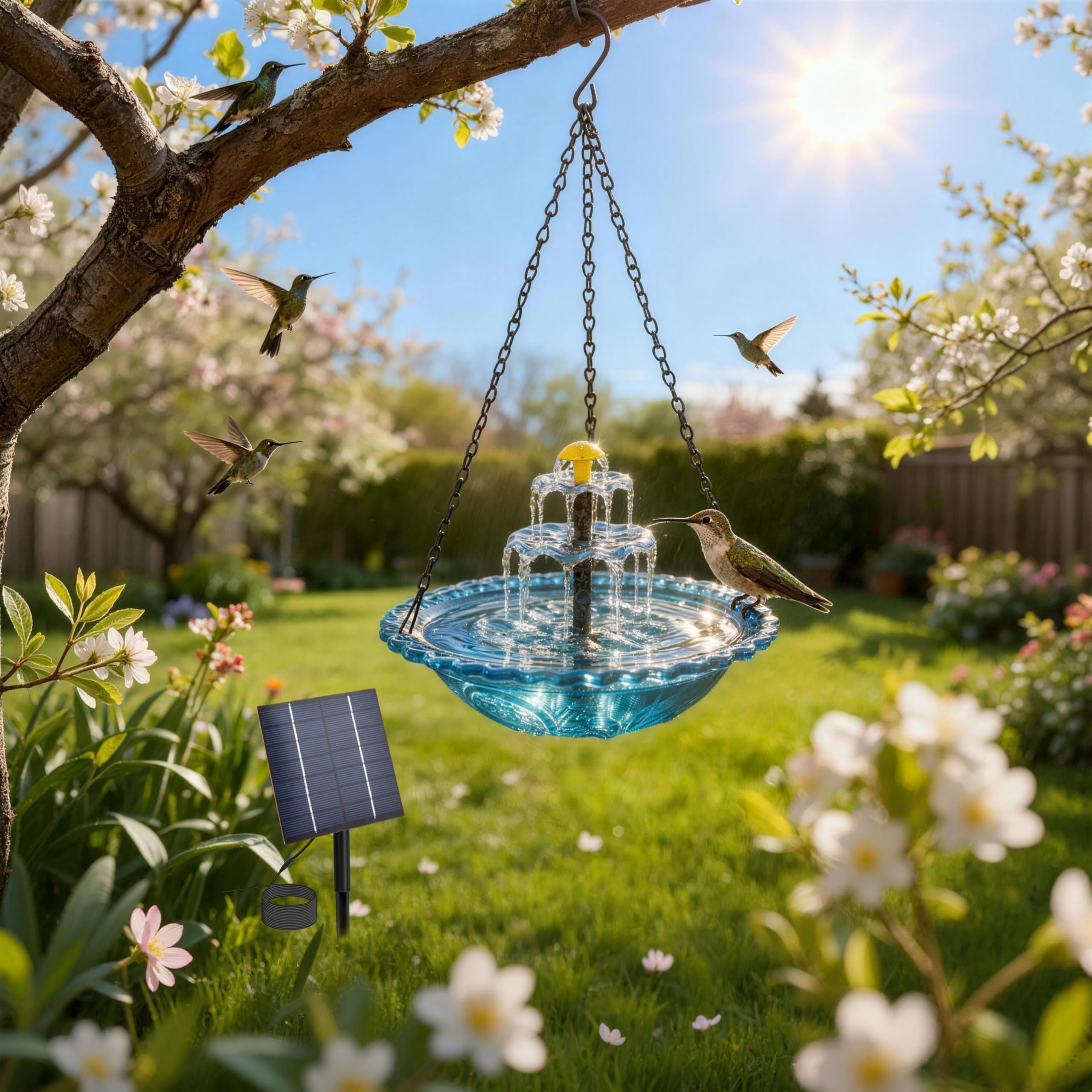 2026 Solar Cascade Hanging Bird Bath Fountain, Hanging Solar Birdbath with Plastic Bowl, 2-in-1 Birdbath & Water Station, 8 Spray Modes Hummingbird Bath for Outdoor Garden Patio